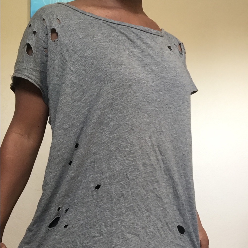 Dark gray tee with distressed holes